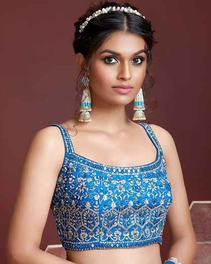 Sky Blue Chinon Silk Lehenga Choli With Blouse & Dupatta For Indian & Pakistani Wedding Festival - Digital Position Print and Heavy Embroidery with Real Mirror Work