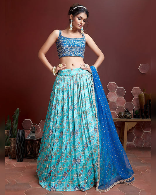 Sky Blue Chinon Silk Lehenga Choli With Blouse & Dupatta For Indian & Pakistani Wedding Festival - Digital Position Print and Heavy Embroidery with Real Mirror Work
