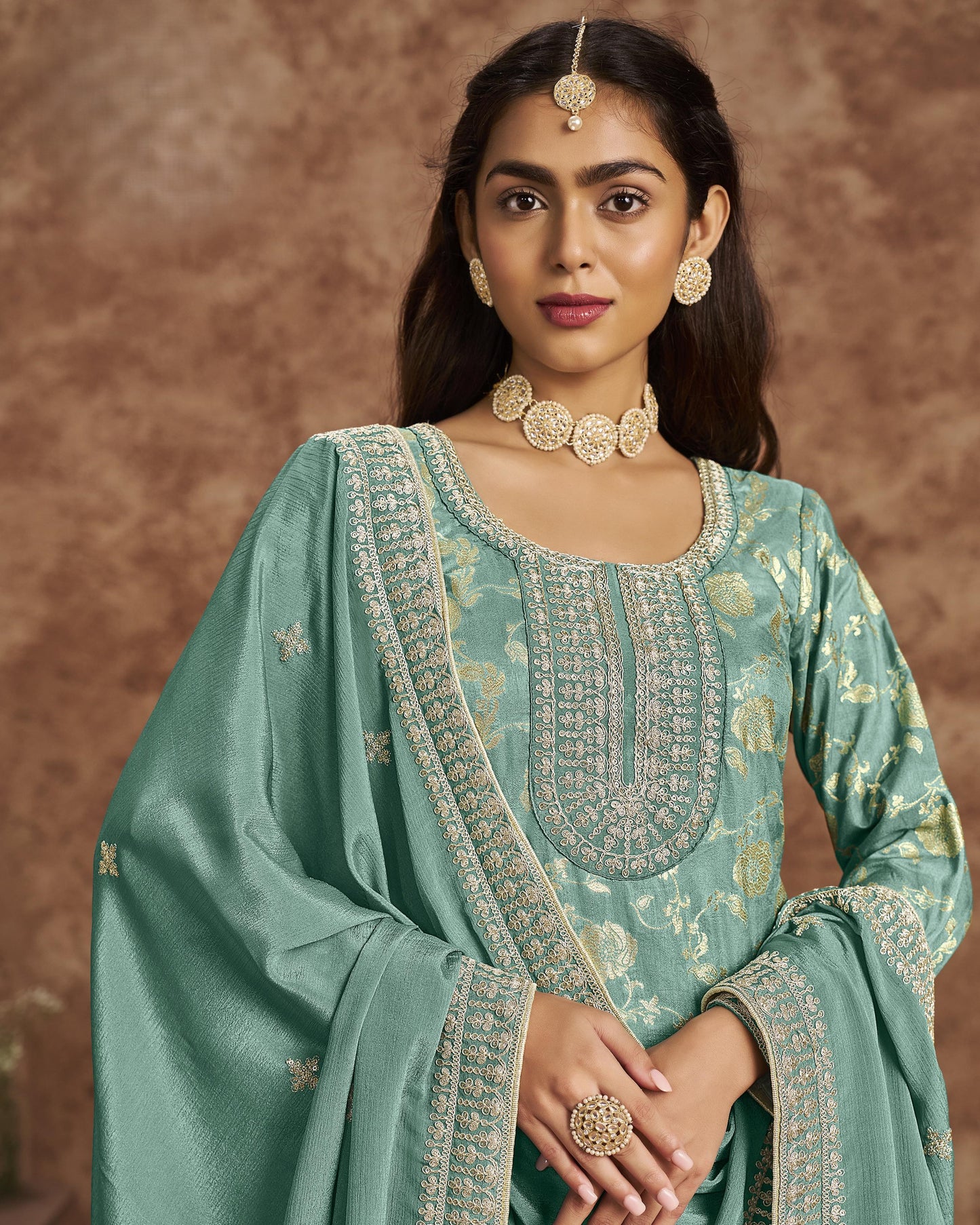 Teal Jacquard Salwar Suit With Kameez & Dupatta For Indian & Pakistani Wedding Festival - Dori Thread Sequence Work