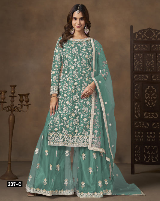 Teal Green Net Sharara Suit With Kameez & Dupatta For Indian & Pakistani Wedding Festival - Dori With Thread & Sequence Work