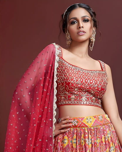 Red Chinon Silk Lehenga Choli With Blouse & Dupatta For Indian & Pakistani Wedding Festival - Digital Position Print and Heavy Embroidery with Real Mirror Work