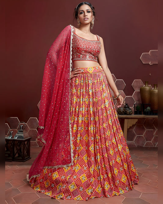 Red Chinon Silk Lehenga Choli With Blouse & Dupatta For Indian & Pakistani Wedding Festival - Digital Position Print and Heavy Embroidery with Real Mirror Work