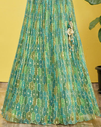 Green patterned skirt with decorative elements on a yellow background