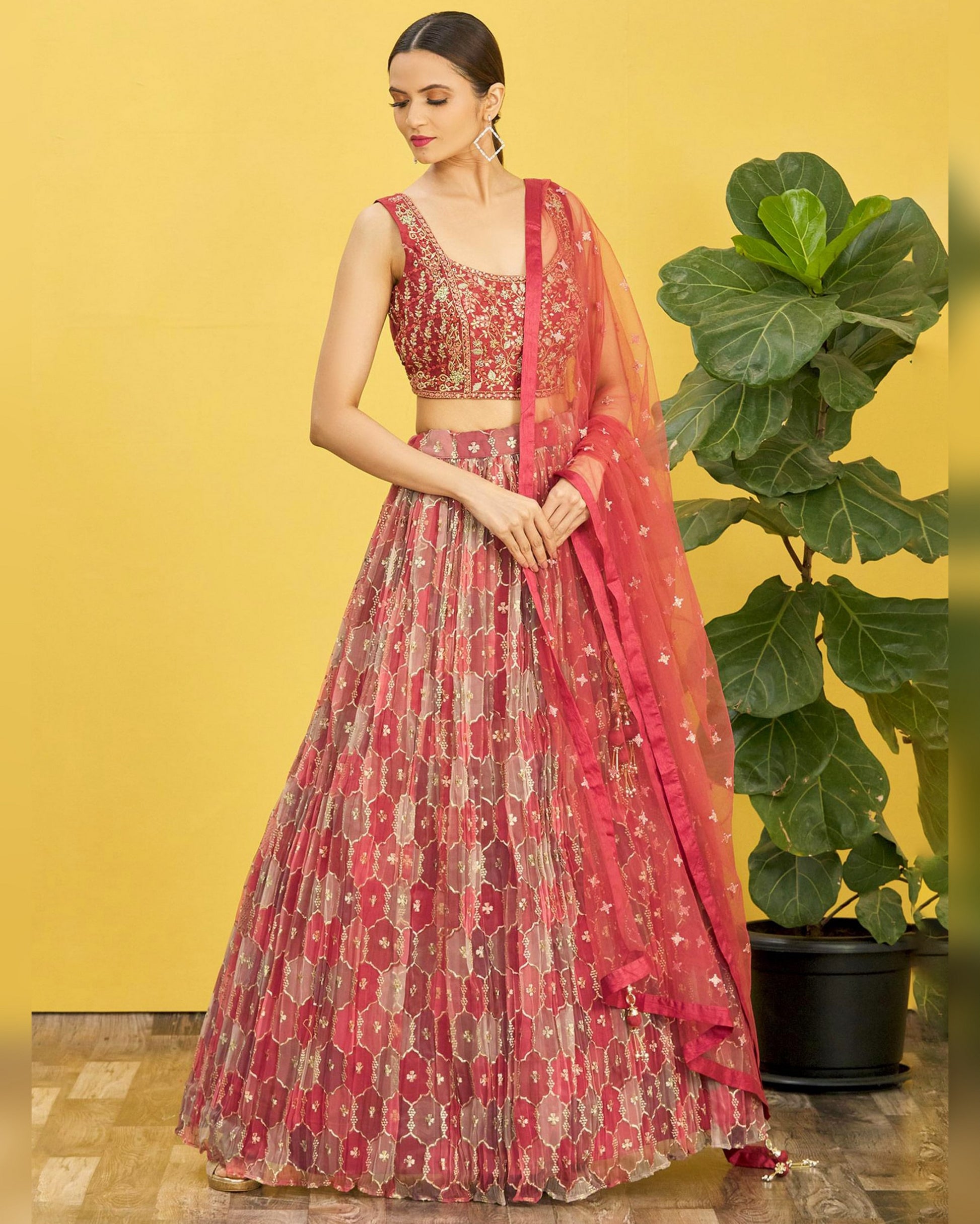 Woman in a red and pink traditional outfit standing against a yellow wall with a plant.
