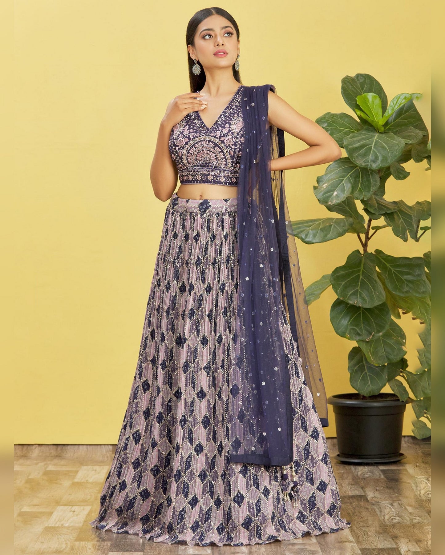 Woman in a traditional outfit with a yellow background and plant