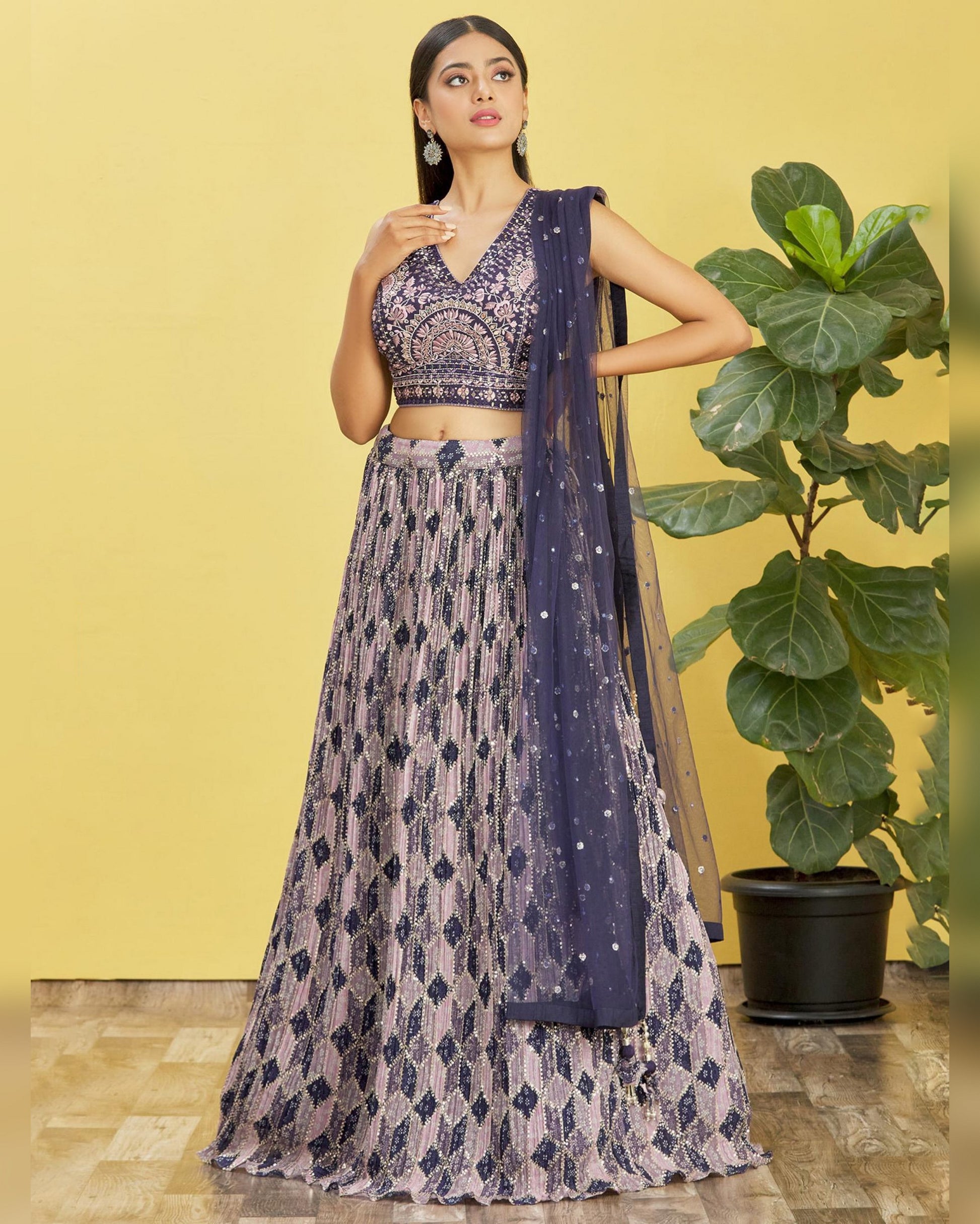 Woman in a traditional outfit with a yellow background and plant