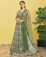 Green Chinon Lehenga Choli With Blouse & Dupatta For Indian & Pakistani Wedding Festival - Real Mirror with Thread, Zari, Sequins Embroidered & Digital Print Work