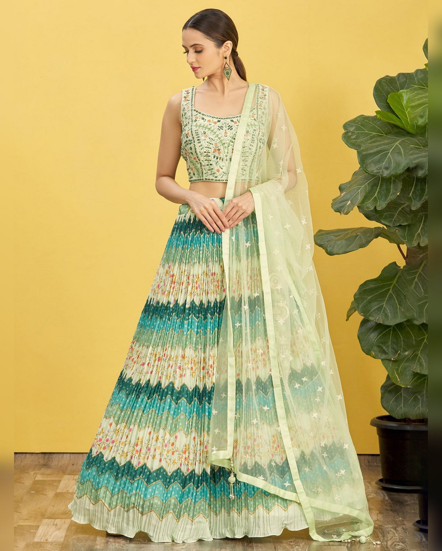 Woman wearing a traditional outfit with a yellow background