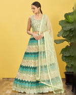 Green Chinon Lehenga Choli With Blouse & Dupatta For Indian & Pakistani Wedding Festival - Real Mirror with Thread, Zari, Sequins Embroidered & Digital Print Work