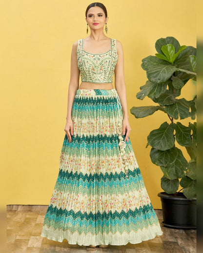 Green Chinon Lehenga Choli With Blouse & Dupatta For Indian & Pakistani Wedding Festival - Real Mirror with Thread, Zari, Sequins Embroidered & Digital Print Work
