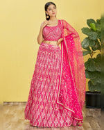 Pink Chinon Lehenga Choli With Blouse & Dupatta For Indian & Pakistani Wedding Festival - Real Mirror with Thread, Zari, Sequins Embroidered & Digital Print Work