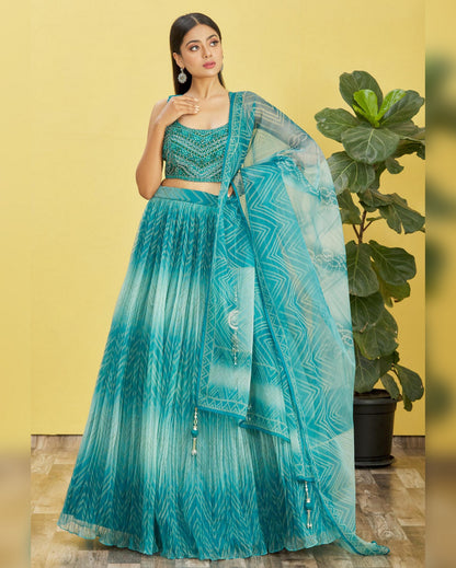 Woman in a teal traditional outfit with a plant in the background