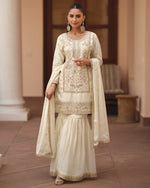 Off-White Satin Silk Sharara Suit With Kameez & Dupatta For Indian & Pakistani Wedding Festival - Dori Thread Sequence Work
