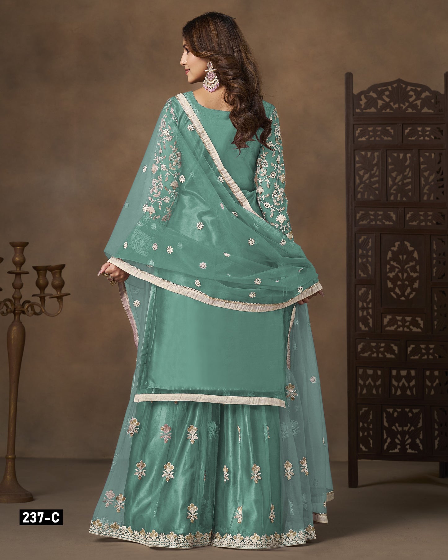 Teal Green Net Sharara Suit With Kameez & Dupatta For Indian & Pakistani Wedding Festival - Dori With Thread & Sequence Work