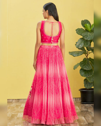 Woman wearing a bright pink traditional outfit with a yellow background