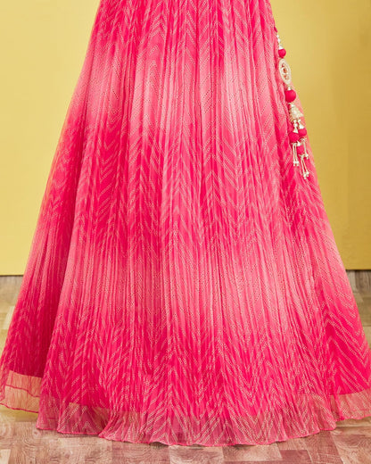 Pink pleated fabric with decorative elements on a yellow background