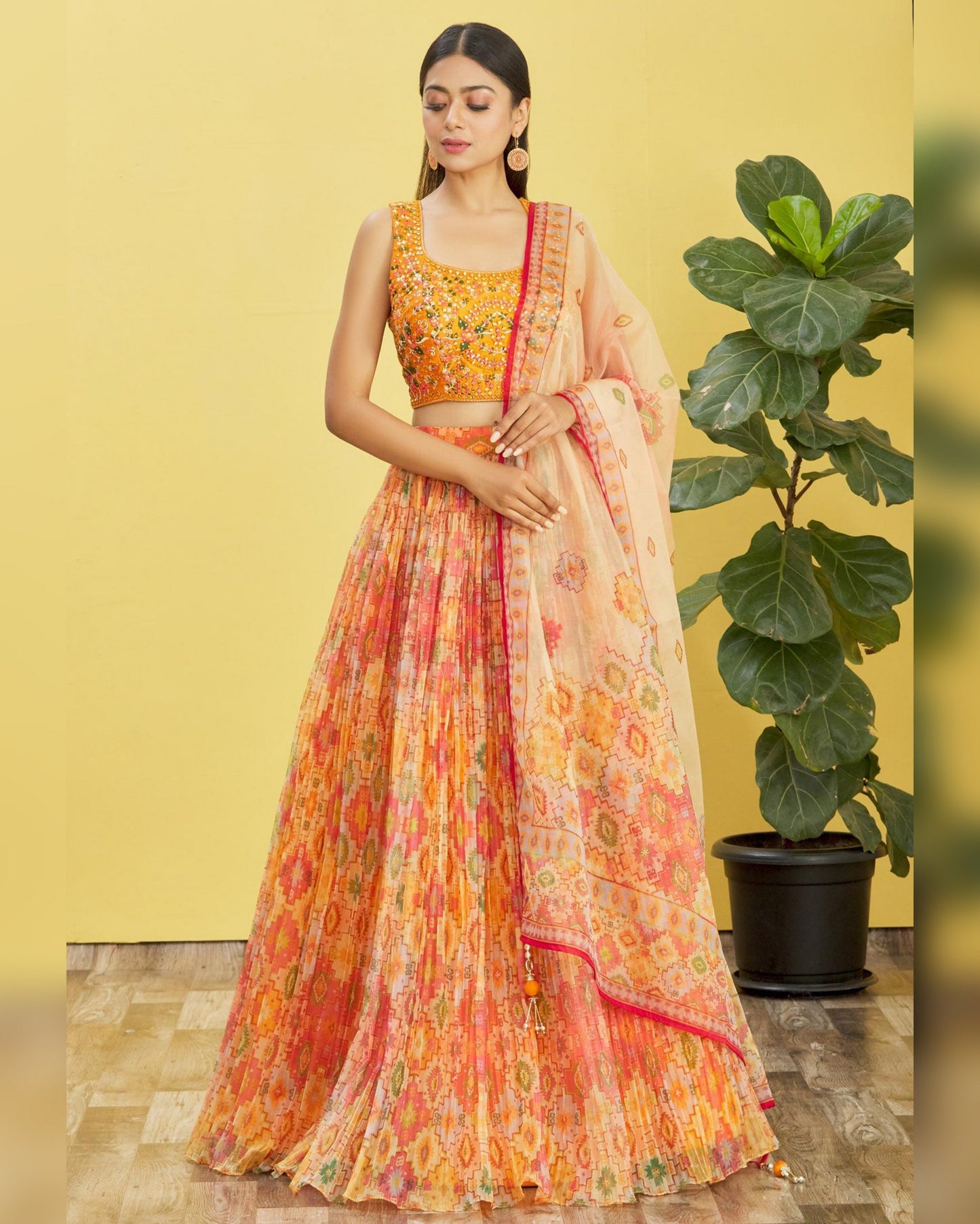 Woman wearing a colorful traditional outfit with a yellow background and plant.