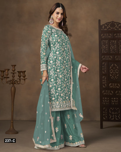 Teal Green Net Sharara Suit With Kameez & Dupatta For Indian & Pakistani Wedding Festival - Dori With Thread & Sequence Work