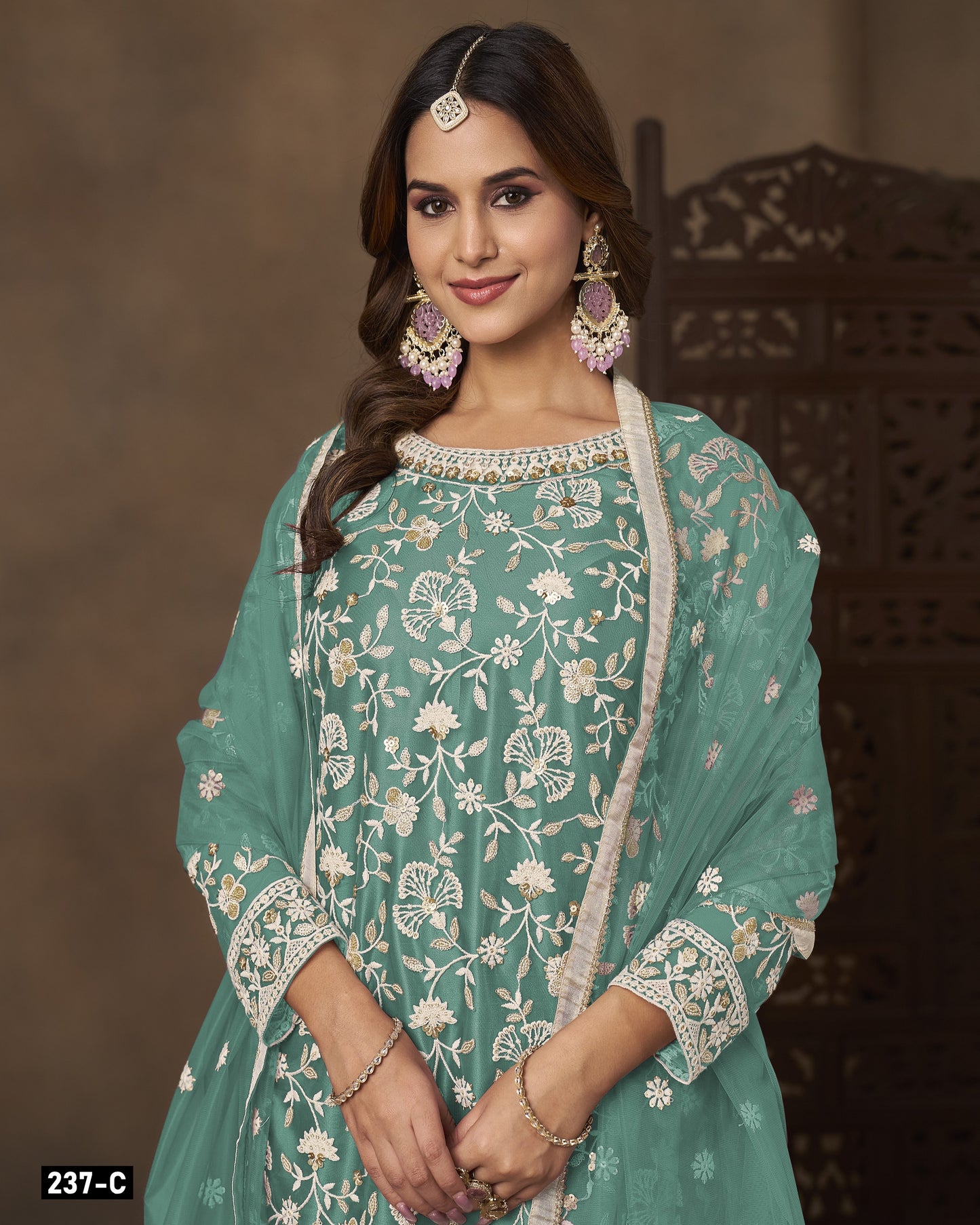 Teal Green Net Sharara Suit With Kameez & Dupatta For Indian & Pakistani Wedding Festival - Dori With Thread & Sequence Work