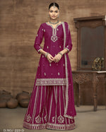 Pink Chinon Silk Plazo With Kameez & Dupatta For Indian & Pakistani Wedding Festival - Thread Sequence Work