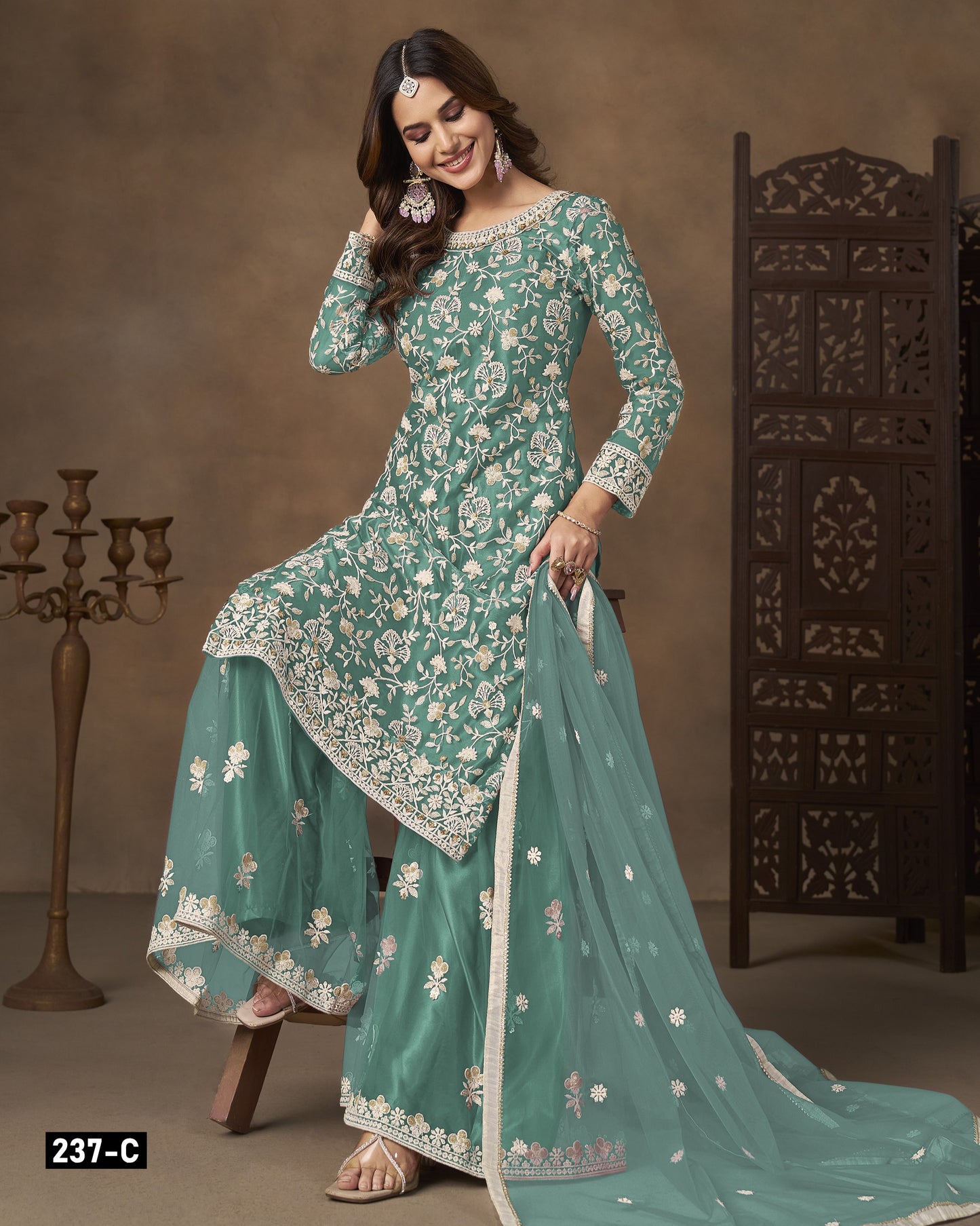 Teal Green Net Sharara Suit With Kameez & Dupatta For Indian & Pakistani Wedding Festival - Dori With Thread & Sequence Work