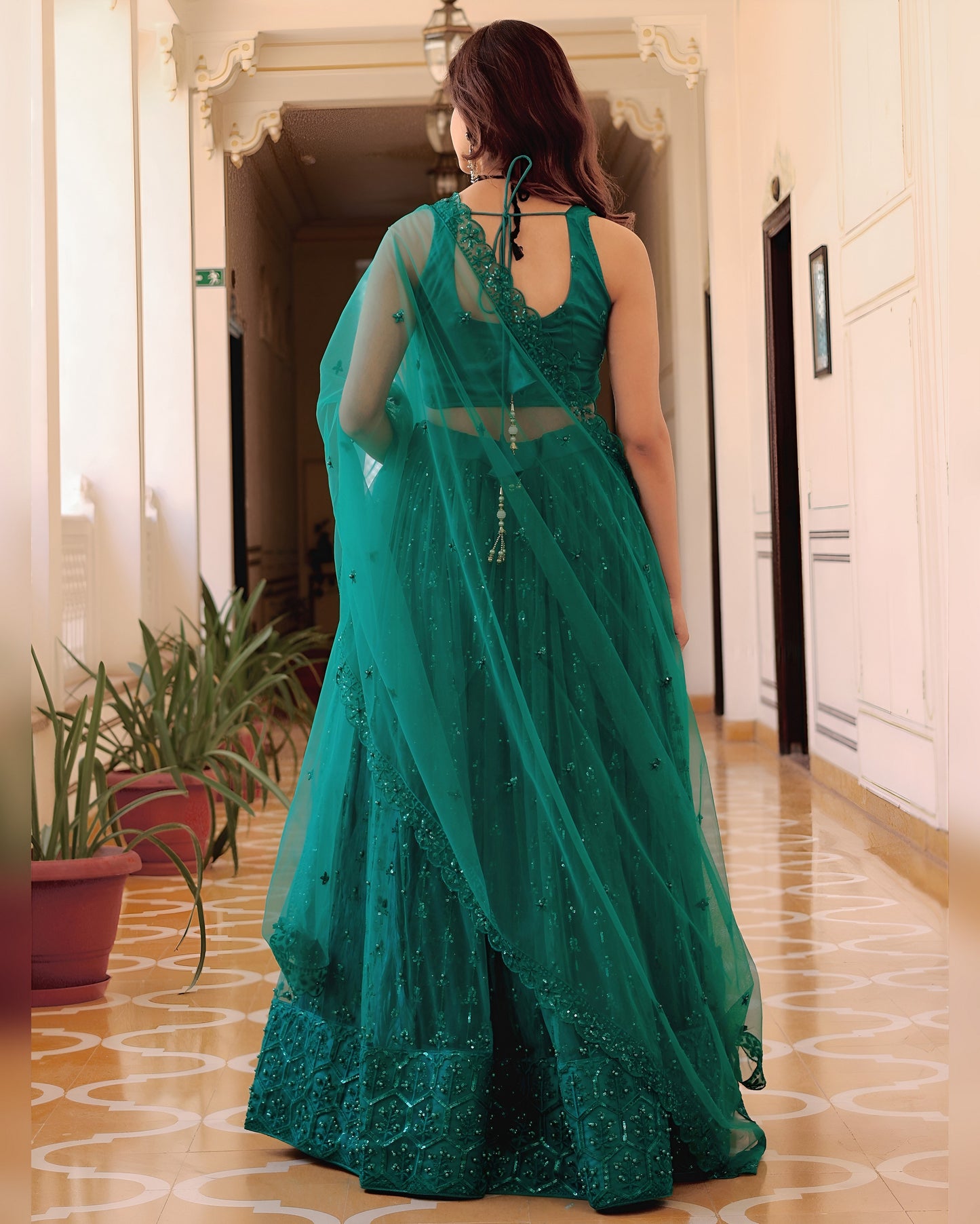Woman in a teal saree standing in a hallway with plants and a door in the background.