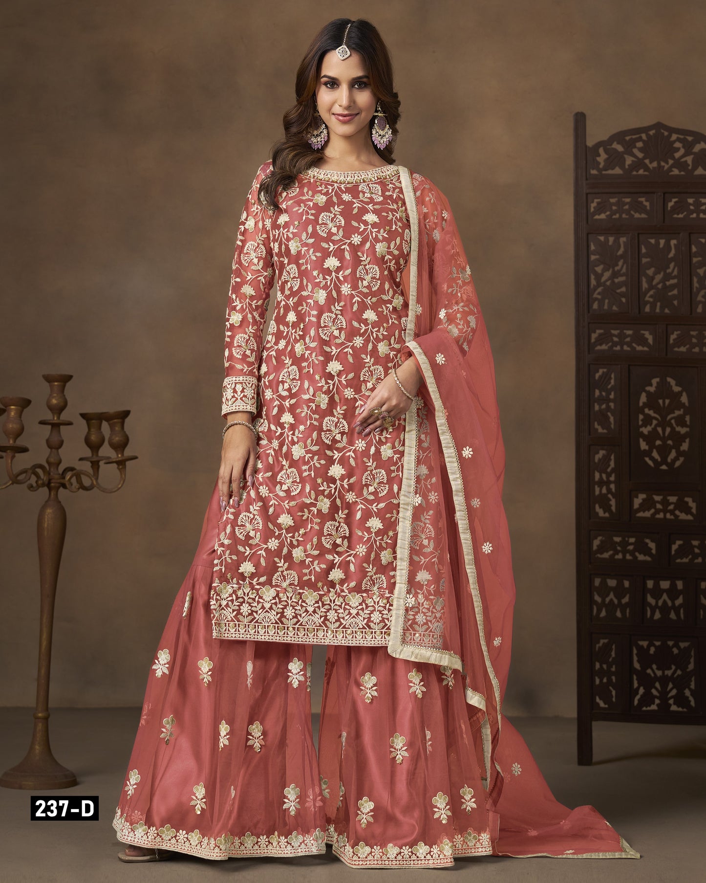 Peach Net Sharara Suit With Kameez & Dupatta For Indian & Pakistani Wedding Festival - Dori With Thread & Sequence Work