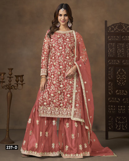 Peach Net Sharara Suit With Kameez & Dupatta For Indian & Pakistani Wedding Festival - Dori With Thread & Sequence Work
