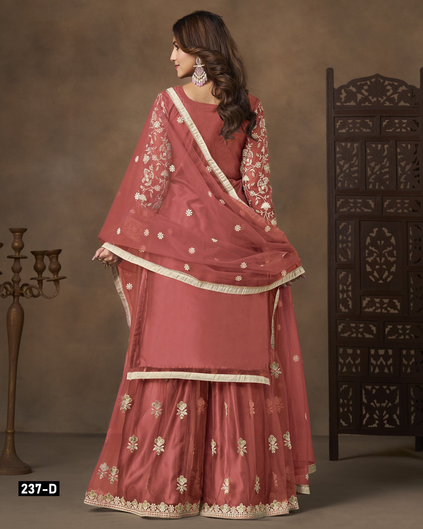 Peach Net Sharara Suit With Kameez & Dupatta For Indian & Pakistani Wedding Festival - Dori With Thread & Sequence Work