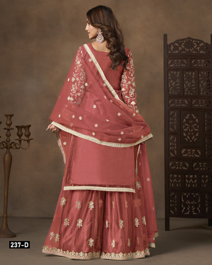 Peach Net Sharara Suit With Kameez & Dupatta For Indian & Pakistani Wedding Festival - Dori With Thread & Sequence Work