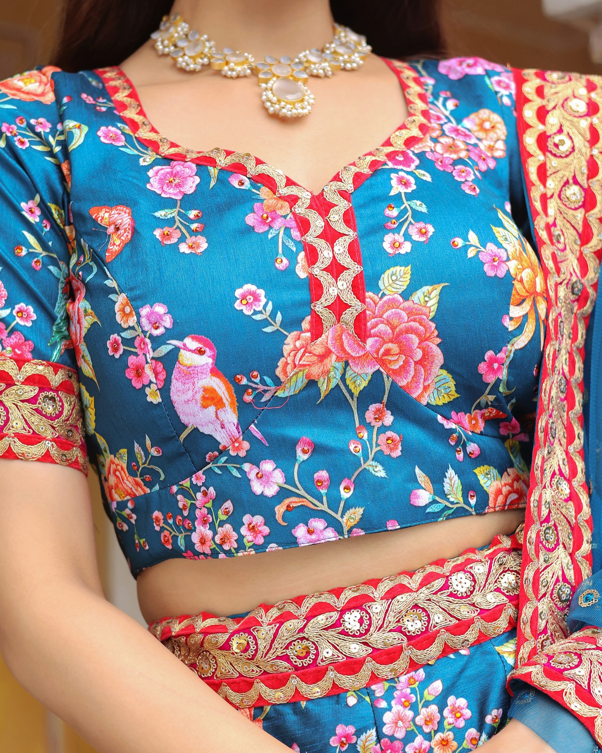 Colorful traditional outfit with floral patterns and embroidery