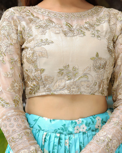 Beige embroidered blouse with floral patterns on a blurred background