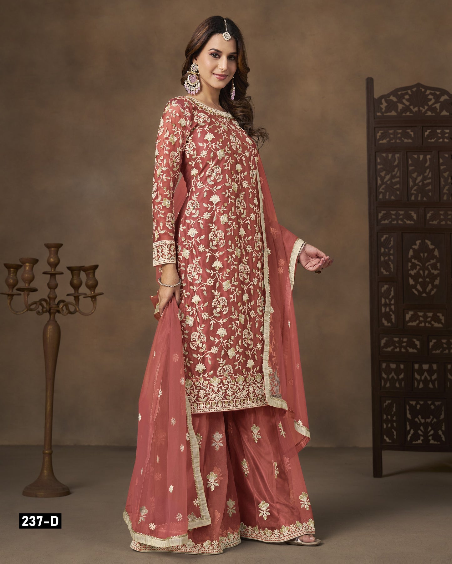 Peach Net Sharara Suit With Kameez & Dupatta For Indian & Pakistani Wedding Festival - Dori With Thread & Sequence Work