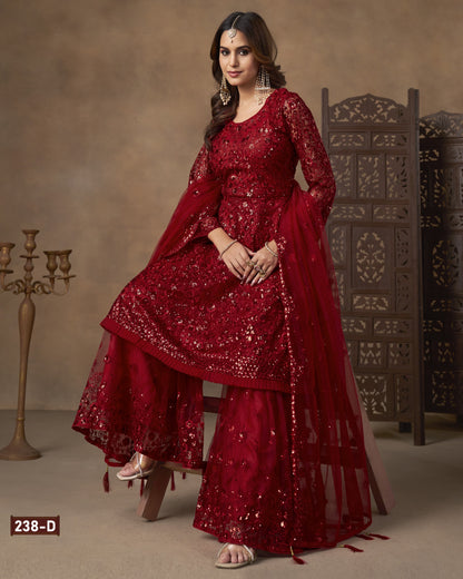 Woman wearing a red traditional outfit with intricate designs against a brown background