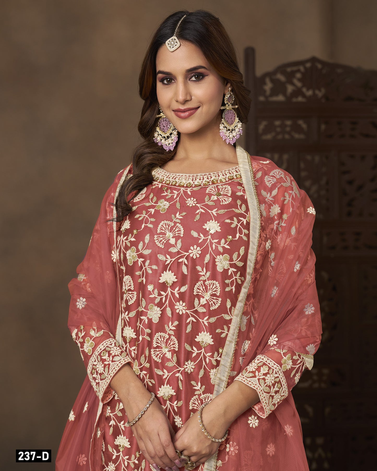 Peach Net Sharara Suit With Kameez & Dupatta For Indian & Pakistani Wedding Festival - Dori With Thread & Sequence Work