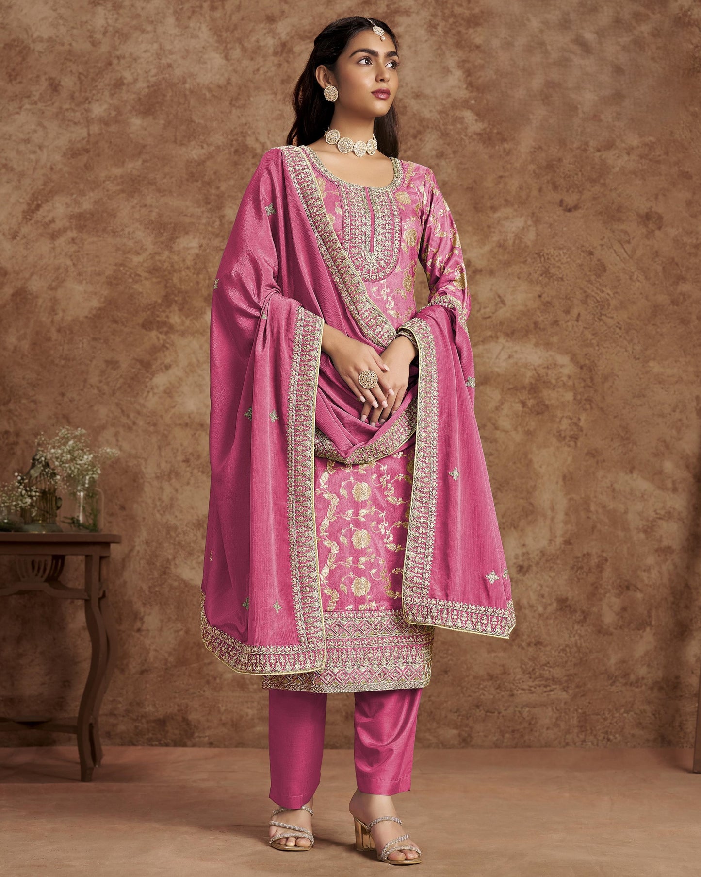 Pink Jacquard Salwar Suit With Kameez & Dupatta For Indian & Pakistani Wedding Festival - Dori Thread Sequence Work
