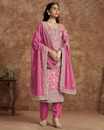 Pink Jacquard Salwar Suit With Kameez & Dupatta For Indian & Pakistani Wedding Festival - Dori Thread Sequence Work
