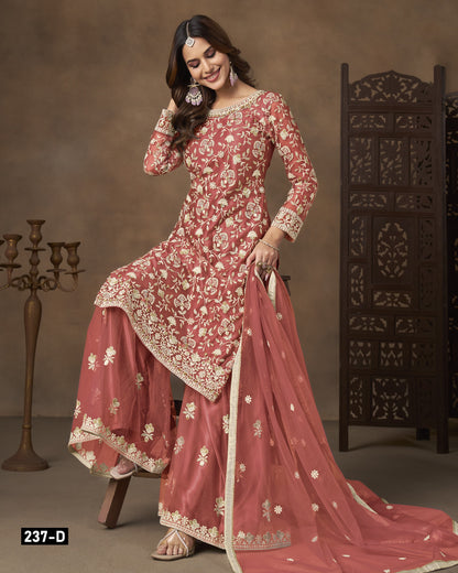 Peach Net Sharara Suit With Kameez & Dupatta For Indian & Pakistani Wedding Festival - Dori With Thread & Sequence Work