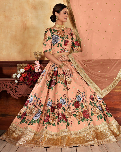 Woman wearing a peach floral traditional outfit with a beige background