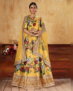 Yellow Art Silk Lehenga Choli With Blouse & Dupatta For Indian & Pakistani Wedding Festival - Dori & Pearls Moti With Thread & Sequins Embroidery Work