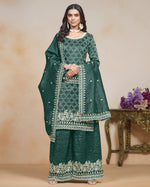 Teal Green Crush Plazo Suit With Kameez & Dupatta For Indian & Pakistani Wedding Festival - Thread Sequence Work