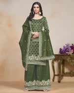 Green Crush Plazo Suit With Kameez & Dupatta For Indian & Pakistani Wedding Festival - Thread Sequence Work