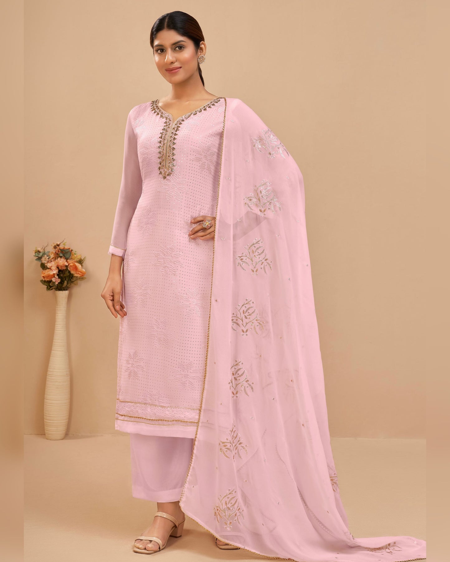 Pink Georgette Plazo With Kameez & Dupatta For Indian & Pakistani Wedding Festival - Embroidered With Multi Thread And Sequins Work Along With Khatli Work
