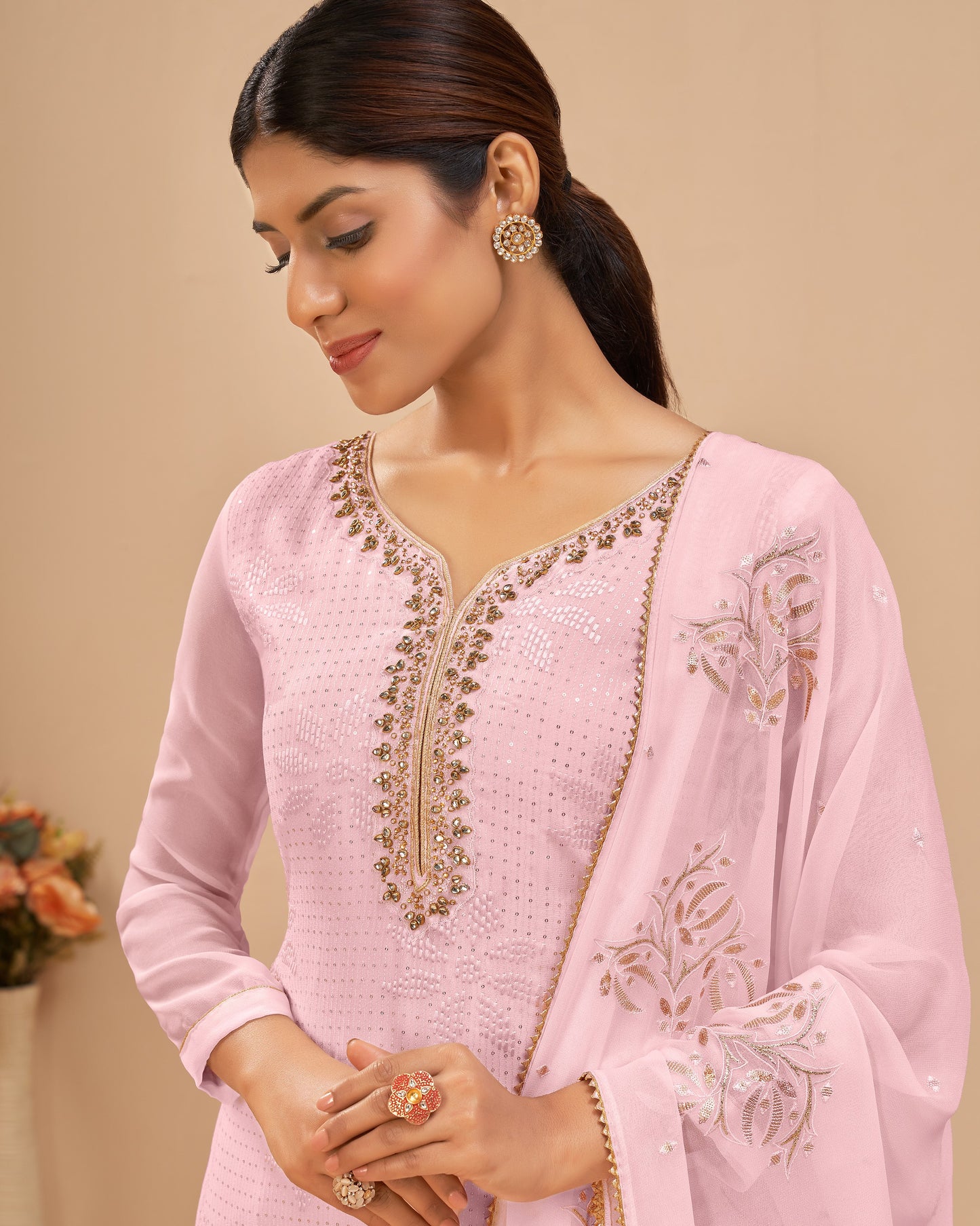 Pink Georgette Plazo With Kameez & Dupatta For Indian & Pakistani Wedding Festival - Embroidered With Multi Thread And Sequins Work Along With Khatli Work