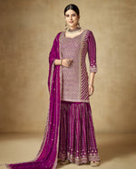 Pink Chinon Silk Sharara Suit With Kameez & Dupatta For Indian & Pakistani Wedding Festival - Jari & Sequence Embroidery Work