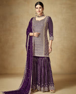 Purple Chinon Silk Sharara Suit With Kameez & Dupatta For Indian & Pakistani Wedding Festival - Jari & Sequence Embroidery Work