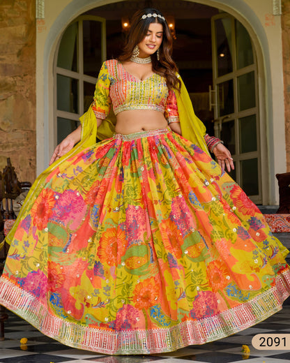 Yellow Organza Lehenga Choli With Blouse & Dupatta For Indian & Pakistani Wedding Festival - Dori With Thread & Sequins Embroidery Work