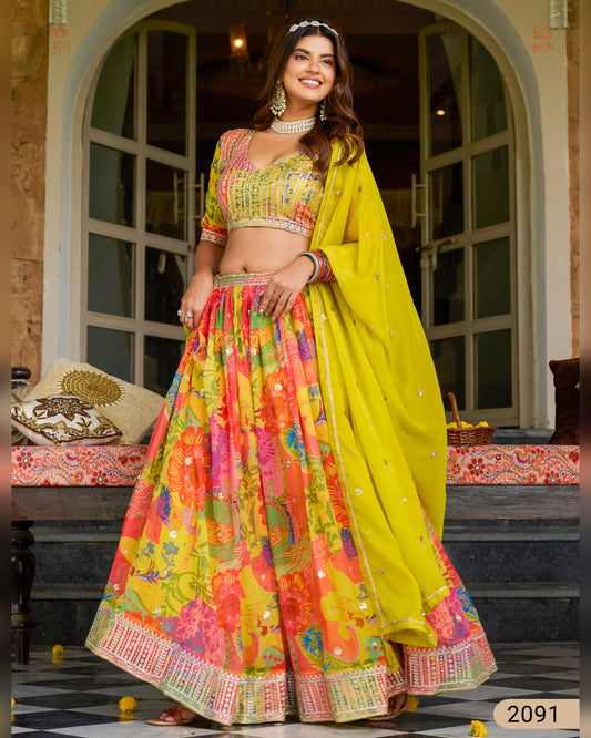 Yellow Organza Lehenga Choli With Blouse & Dupatta For Indian & Pakistani Wedding Festival - Dori With Thread & Sequins Embroidery Work
