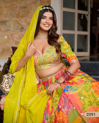 Yellow Organza Lehenga Choli With Blouse & Dupatta For Indian & Pakistani Wedding Festival - Dori With Thread & Sequins Embroidery Work