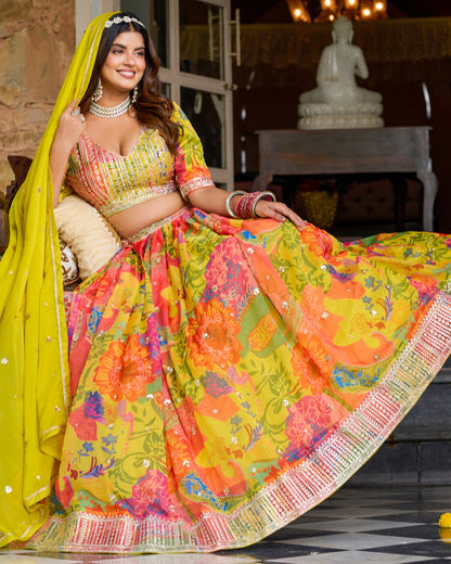 Yellow Organza Lehenga Choli With Blouse & Dupatta For Indian & Pakistani Wedding Festival - Dori With Thread & Sequins Embroidery Work